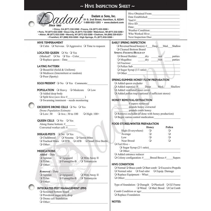 Hive Inspection Sheet Notepad